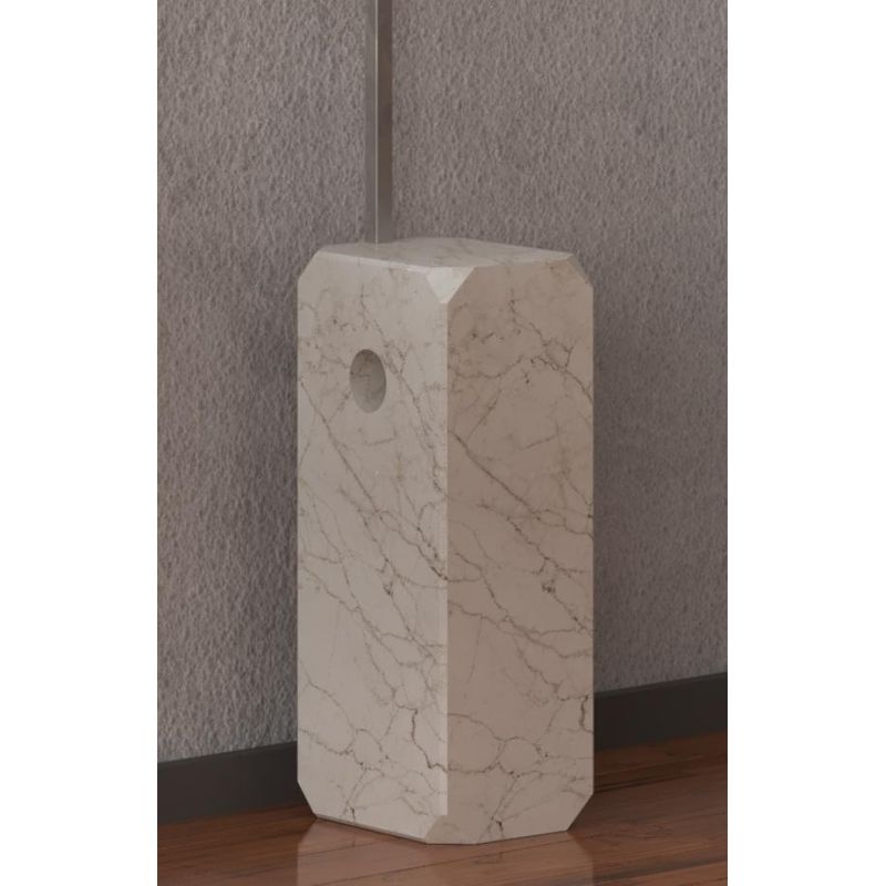 CORNER PIANTANA CON BASE PARALLELEPIPEDO IN MARMO BIANCO E PARALUME IN TESSUTO O METALLO NICHEL LAMPADINA E27