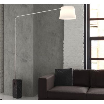 CORNER PIANTANA CON BASE PARALLELEPIPEDO IN MARMO NERO E PARALUME IN TESSUTO O METALLO NICHEL LAMPADINA E27