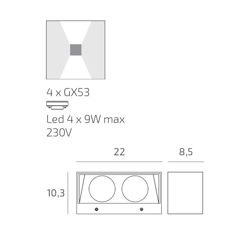 SPA APPLIQUE DA ESTERNO RETTANGOLARE IP54 BIEMISSIONE DI LUCE ALLUMINIO 4 COLORI LAMPADINE GX53 SOSTITUIBILI