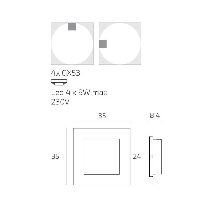 MIAMI PLUS APPLIQUE PLAFONIERA QUADRATA IP54 IN ALLUMINIO 5 COLORI DIFFUSORE BIANCO LAMPADINE GX53 SOSTITUIBILI