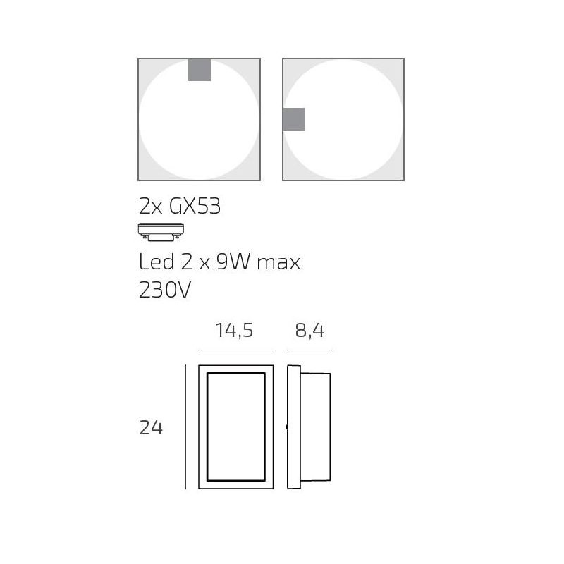 MIAMI PLUS PLAFONIERA APPLIQUE RETTANGOLARE IP54 IN ALLUMINIO CON DIFFUSORE BIANCO LAMPADINE GX53 SOSTITUIBILI
