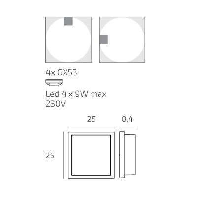 MIAMI PLUS PLAFONIERA APPLIQUE QUADRATA IP54 IN ALLUMINIO CON DIFFUSORE BIANCO LAMPADINE GX53 SOSTITUIBILI