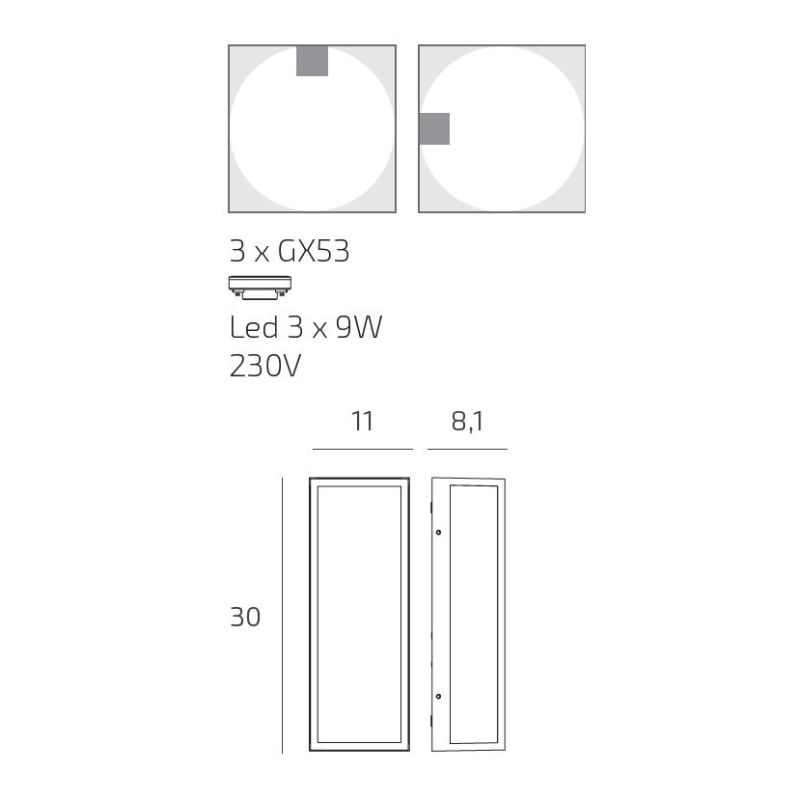 OSAKA PLAFONIERA APPLIQUE RETTANGOLARE IP54 IN ALLUMINIO DI 4 COLORI CON LAMPADINE GX53 SOSTITUIBILI MODERNA