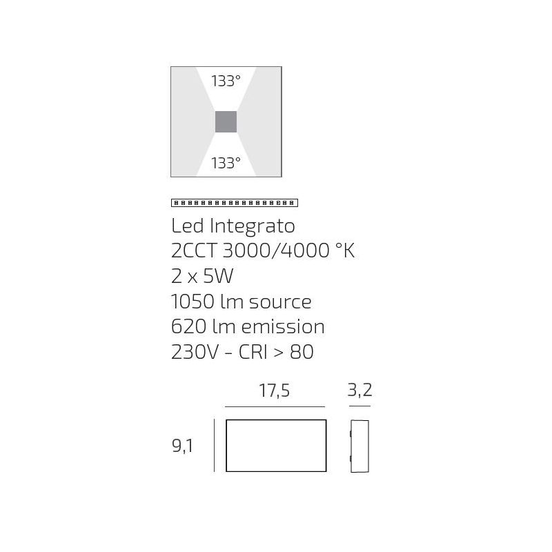 MADRID APPLIQUE DA ESTERNO RETTANGOLARE IP65 BIEMISSIONE DI LUCE LED 10W LUCE CCT 3000K-4000K ALLUMINIO 3 COLORI