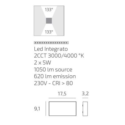 MADRID APPLIQUE DA ESTERNO RETTANGOLARE IP65 BIEMISSIONE DI LUCE LED 10W LUCE CCT 3000K-4000K ALLUMINIO 3 COLORI