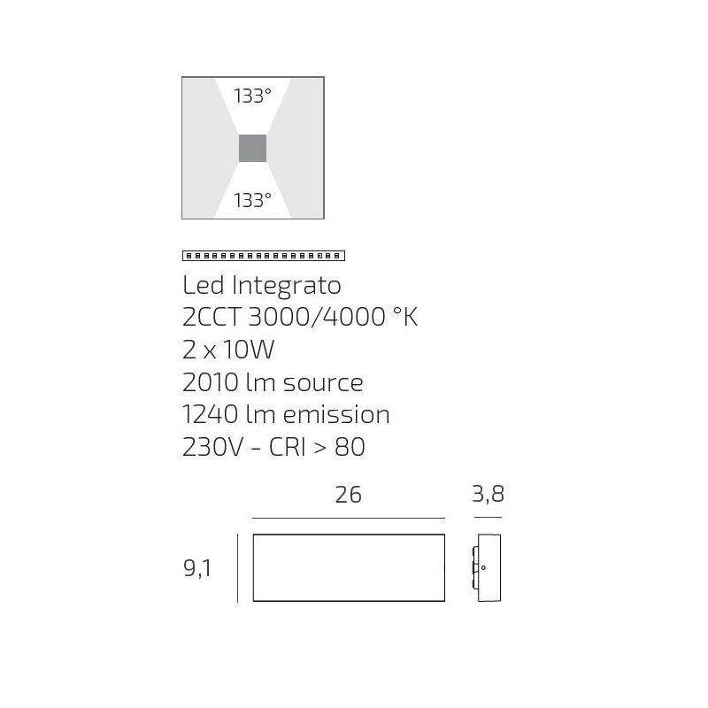 MADRID APPLIQUE DA ESTERNO RETTANGOLARE LED 20W IP65 BIEMISSIONE LUCE CCT 3000K-4000K ALLUMINIO 3 COLORI