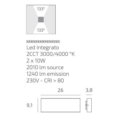MADRID APPLIQUE DA ESTERNO RETTANGOLARE LED 20W IP65 BIEMISSIONE LUCE CCT 3000K-4000K ALLUMINIO 3 COLORI