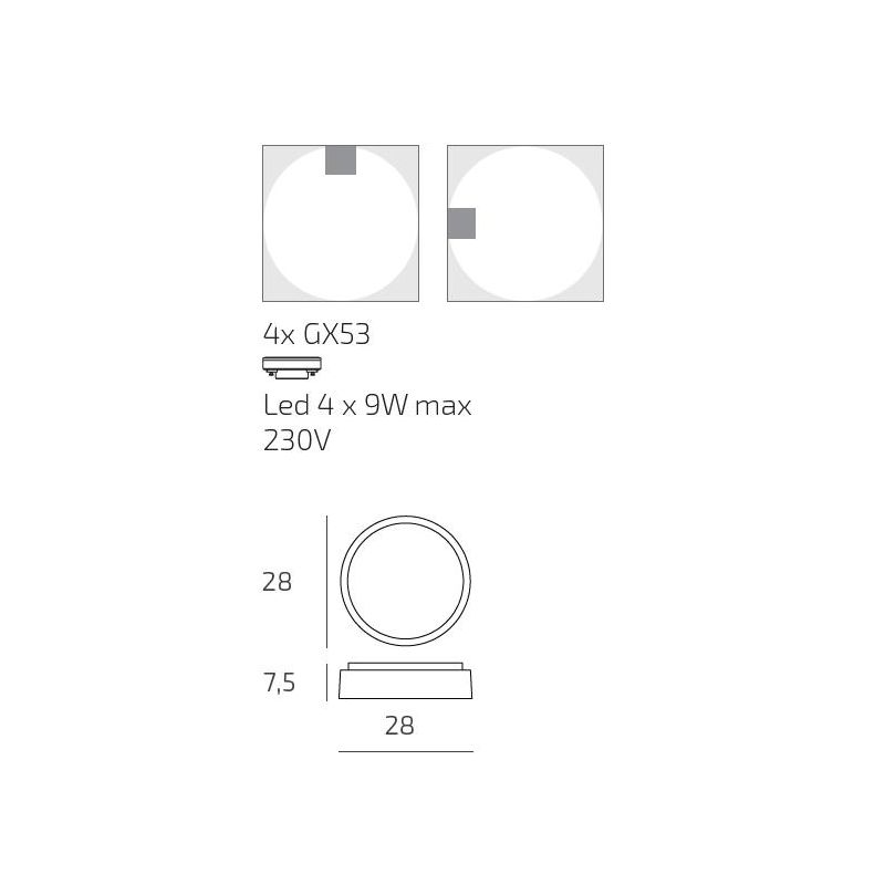 BAKU PLAFONIERA APPLIQUE ROTONDA D28 CM IN ALLUMINIO 3 COLORI IP54 LAMPADINE GX53 SOSTITUIBILI MODERNA
