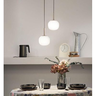 ERIS SOSPENSIONE 2 LUCI MARRONE SABBIA CON DIFFUSORI IN VETRO BIANCO RIGATO LAMPADINE ATTACCO E14 MODERNA