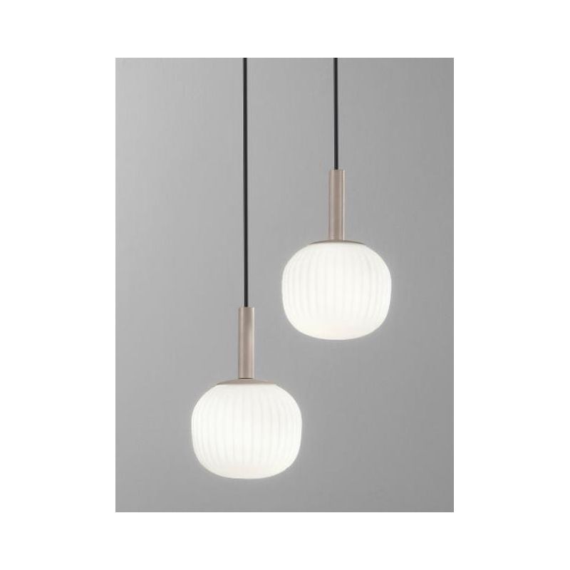 ERIS SOSPENSIONE 2 LUCI MARRONE SABBIA CON DIFFUSORI IN VETRO BIANCO RIGATO LAMPADINE ATTACCO E14 MODERNA