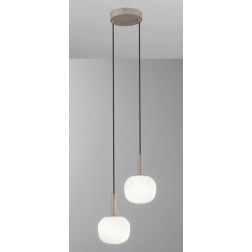 ERIS SOSPENSIONE 2 LUCI MARRONE SABBIA CON DIFFUSORI IN VETRO BIANCO RIGATO LAMPADINE ATTACCO E14 MODERNA