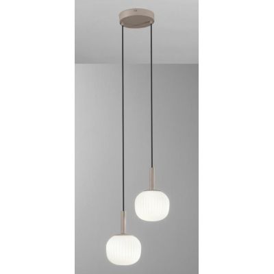ERIS SOSPENSIONE 2 LUCI MARRONE SABBIA CON DIFFUSORI IN VETRO BIANCO RIGATO LAMPADINE ATTACCO E14 MODERNA