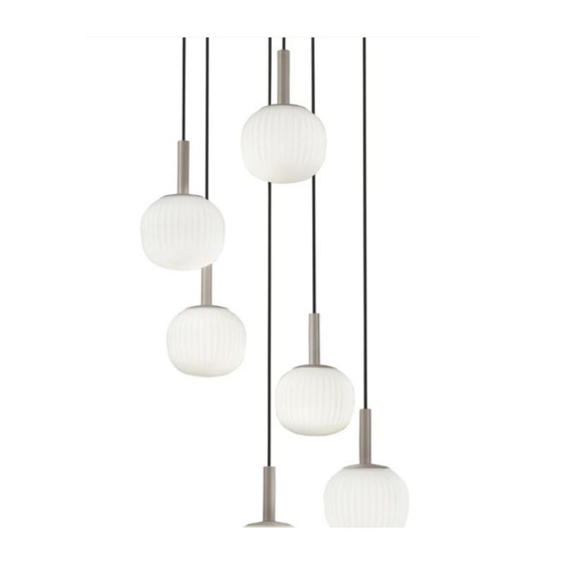 SOSPENSIONE 6 LUCI MARRONE SABBIA CON DIFFUSORI IN VETRO BIANCO RIGATO LAMPADINE ATTACCO E14 MODERNA