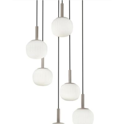 SOSPENSIONE 6 LUCI MARRONE SABBIA CON DIFFUSORI IN VETRO BIANCO RIGATO LAMPADINE ATTACCO E14 MODERNA