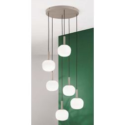 SOSPENSIONE 6 LUCI MARRONE SABBIA CON DIFFUSORI IN VETRO BIANCO RIGATO LAMPADINE ATTACCO E14 MODERNA