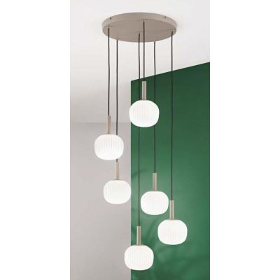 SOSPENSIONE 6 LUCI MARRONE SABBIA CON DIFFUSORI IN VETRO BIANCO RIGATO LAMPADINE ATTACCO E14 MODERNA