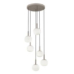 SOSPENSIONE 6 LUCI MARRONE SABBIA CON DIFFUSORI IN VETRO BIANCO RIGATO LAMPADINE ATTACCO E14 MODERNA 2