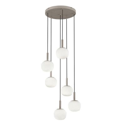 SOSPENSIONE 6 LUCI MARRONE SABBIA CON DIFFUSORI IN VETRO BIANCO RIGATO LAMPADINE ATTACCO E14 MODERNA