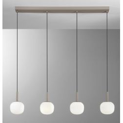 SOSPENSIONE 4 LUCI MARRONE SABBIA CON DIFFUSORI IN VETRO BIANCO RIGATO LAMPADINE ATTACCO E14 MODERNA