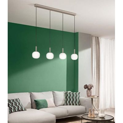 SOSPENSIONE 4 LUCI MARRONE SABBIA CON DIFFUSORI IN VETRO BIANCO RIGATO LAMPADINE ATTACCO E14 MODERNA