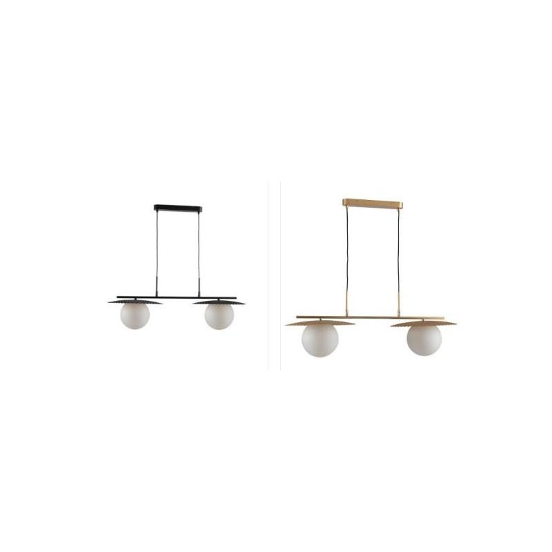 SOSPENSIONE 2 LUCI IN METALLO ORO O NERO CON SFERE IN VETRO BIANCO LAMPADINE ATTACCO E27 MODERNA