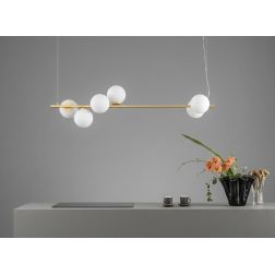 ENOIRE SOSPENSIONE LINEARE 6 LUCI METALLO NERO E ORO CON SFERE BIANCHE IN VETRO LAMPADINE ATTACCO E14 MODERNA