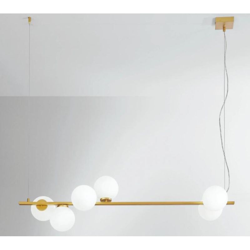 ENOIRE SOSPENSIONE LINEARE 6 LUCI METALLO NERO E ORO CON SFERE BIANCHE IN VETRO LAMPADINE ATTACCO E14 MODERNA