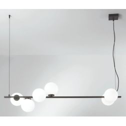 ENOIRE SOSPENSIONE LINEARE 6 LUCI METALLO NERO E ORO CON SFERE BIANCHE IN VETRO LAMPADINE ATTACCO E14 MODERNA 2