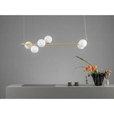 ENOIRE SOSPENSIONE LINEARE 6 LUCI METALLO NERO E ORO CON SFERE BIANCHE IN VETRO LAMPADINE ATTACCO E14 MODERNA