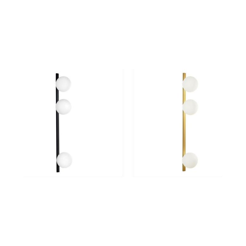 APPLIQUE LINEARE 3 LUCI METALLO NERO E ORO CON SFERE BIANCHE IN VETRO LAMPADINE ATTACCO E14 MODERNA