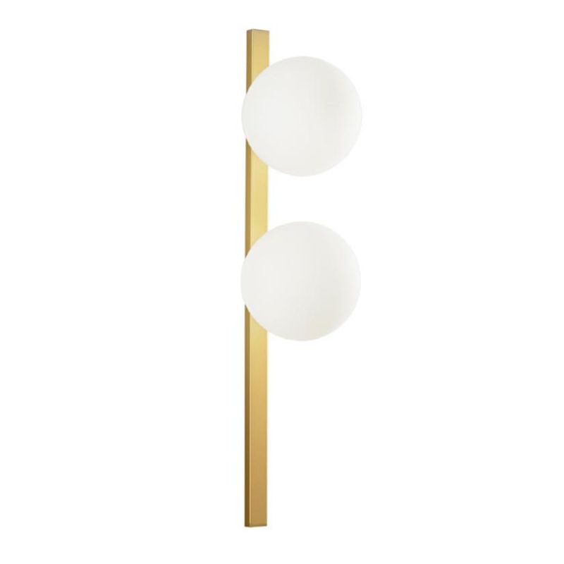APPLIQUE LINEARE 2 LUCI METALLO NERO E ORO CON SFERE BIANCHE IN VETRO LAMPADINE ATTACCO E14 MODERNA