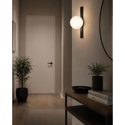 APPLIQUE IN METALLO NERO E ORO CON SFERA BIANCA IN VETRO LAMPADINA ATTACCO E14 DESIGN MODERNO
