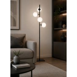PIANTANA LINEARE 4 LUCI METALLO NERO E ORO CON SFERE BIANCHE IN VETRO LAMPADINE ATTACCO E14 MODERNA 2