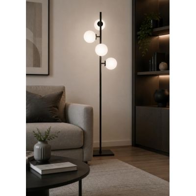 PIANTANA LINEARE 4 LUCI METALLO NERO E ORO CON SFERE BIANCHE IN VETRO LAMPADINE ATTACCO E14 MODERNA