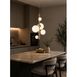 HERA SOSPENSIONE TUBOLARE 5 LUCI IN METALLO ORO CON SFERE IN VETRO BIANCO LAMPADINE ATTACCO G9 MODERNA