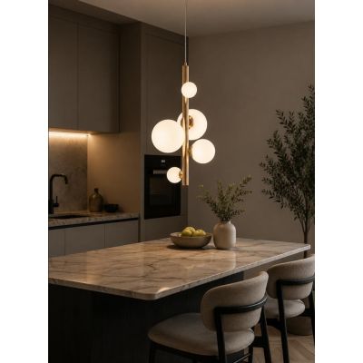 HERA SOSPENSIONE TUBOLARE 5 LUCI IN METALLO ORO CON SFERE IN VETRO BIANCO LAMPADINE ATTACCO G9 MODERNA