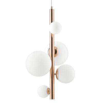 HERA SOSPENSIONE TUBOLARE 5 LUCI IN METALLO ORO CON SFERE IN VETRO BIANCO LAMPADINE ATTACCO G9 MODERNA