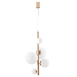 HERA SOSPENSIONE TUBOLARE 5 LUCI IN METALLO ORO CON SFERE IN VETRO BIANCO LAMPADINE ATTACCO G9 MODERNA 2