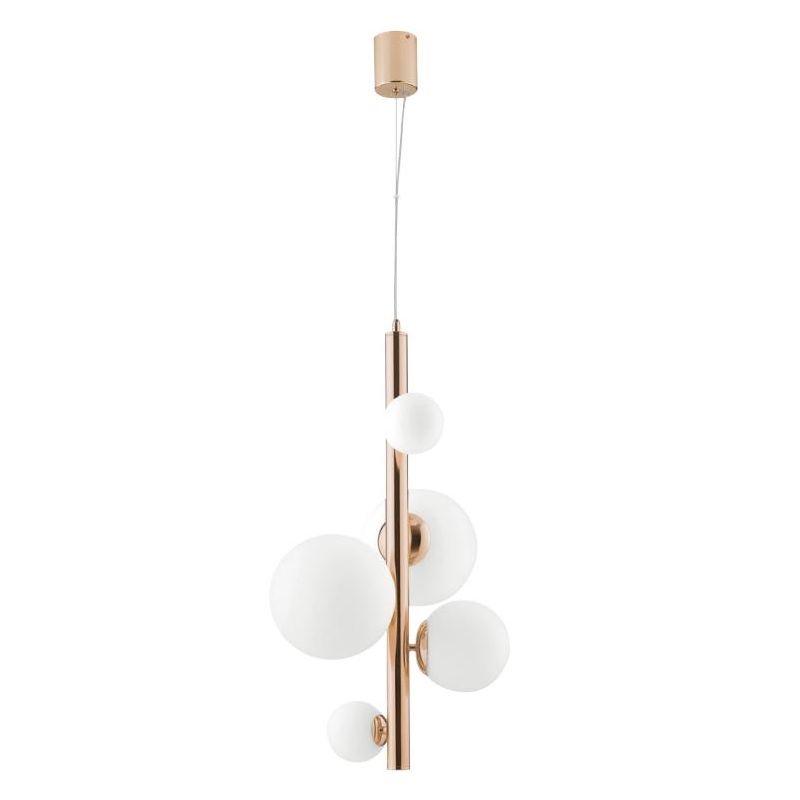 HERA SOSPENSIONE TUBOLARE 5 LUCI IN METALLO ORO CON SFERE IN VETRO BIANCO LAMPADINE ATTACCO G9 MODERNA
