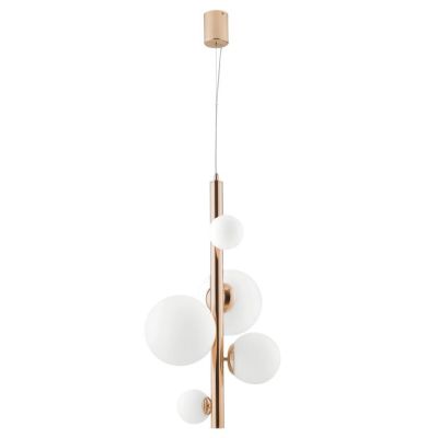 HERA SOSPENSIONE TUBOLARE 5 LUCI IN METALLO ORO CON SFERE IN VETRO BIANCO LAMPADINE ATTACCO G9 MODERNA