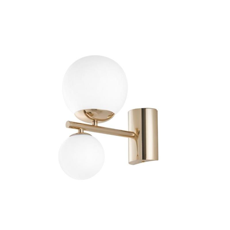 LAMPADA DA PARETE 2 LUCI METALLO ORO SFERE IN VETRO BIANCO LAMPADINE ATTACCO G9 DESIGN MODERNO