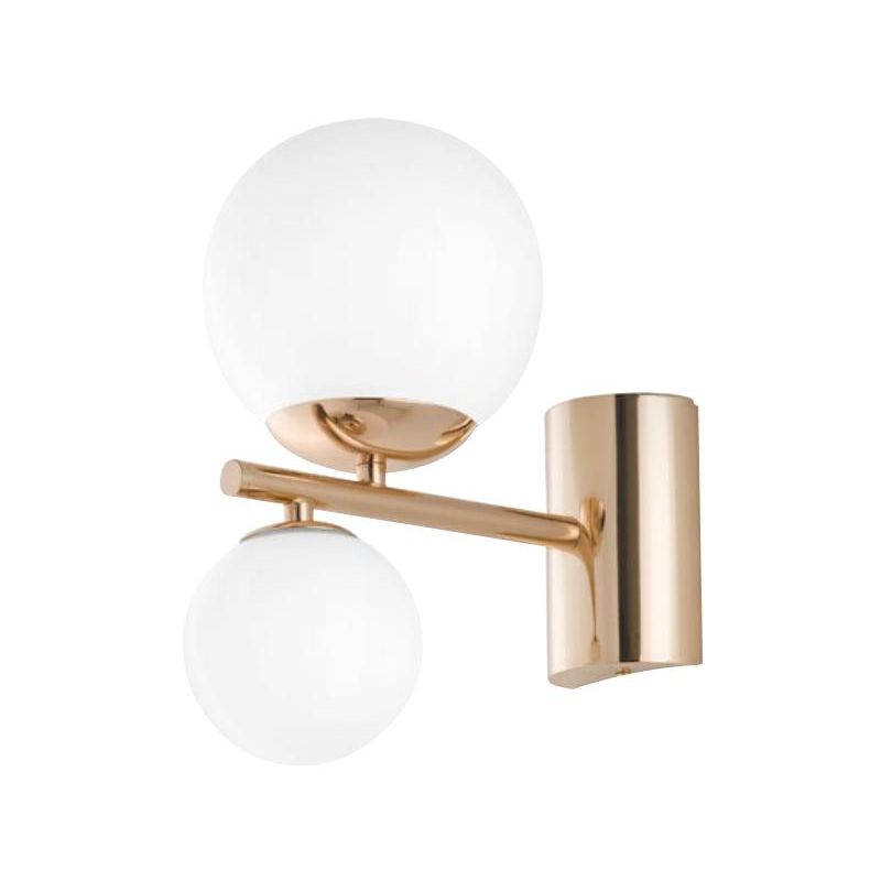 LAMPADA DA PARETE 2 LUCI METALLO ORO SFERE IN VETRO BIANCO LAMPADINE ATTACCO G9 DESIGN MODERNO