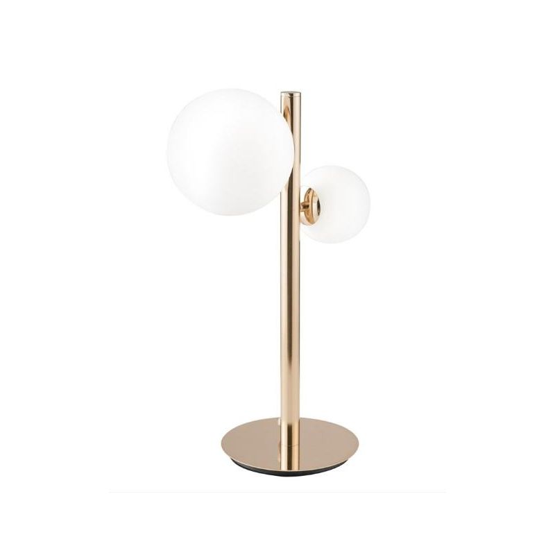 LAMPADA DA TAVOLO 2 LUCI METALLO ORO SFERE IN VETRO BIANCO LAMPADINE ATTACCO G9 DESIGN MODERNO