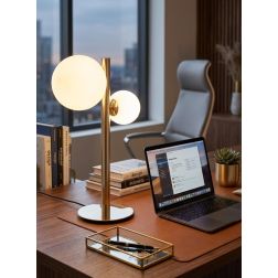 LAMPADA DA TAVOLO 2 LUCI METALLO ORO SFERE IN VETRO BIANCO LAMPADINE ATTACCO G9 DESIGN MODERNO