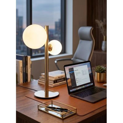 LAMPADA DA TAVOLO 2 LUCI METALLO ORO SFERE IN VETRO BIANCO LAMPADINE ATTACCO G9 DESIGN MODERNO