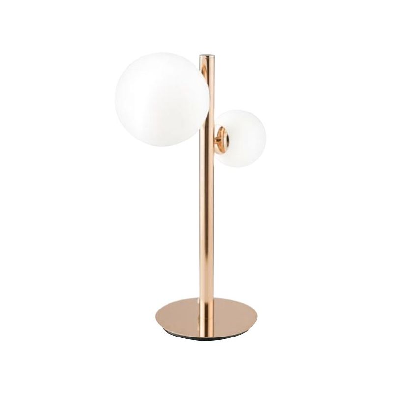 LAMPADA DA TAVOLO 2 LUCI METALLO ORO SFERE IN VETRO BIANCO LAMPADINE ATTACCO G9 DESIGN MODERNO