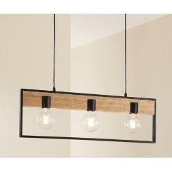 NEVADA SOSPENSIONE 3 LUCI IN METALLO NERO CON INSERTI IN LEGNO LAMPADINE ATTACCO E27 STILE VINTAGE 2