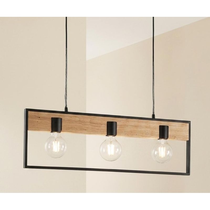 NEVADA SOSPENSIONE 3 LUCI IN METALLO NERO CON INSERTI IN LEGNO LAMPADINE ATTACCO E27 STILE VINTAGE