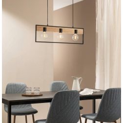 NEVADA SOSPENSIONE 3 LUCI IN METALLO NERO CON INSERTI IN LEGNO LAMPADINE ATTACCO E27 STILE VINTAGE