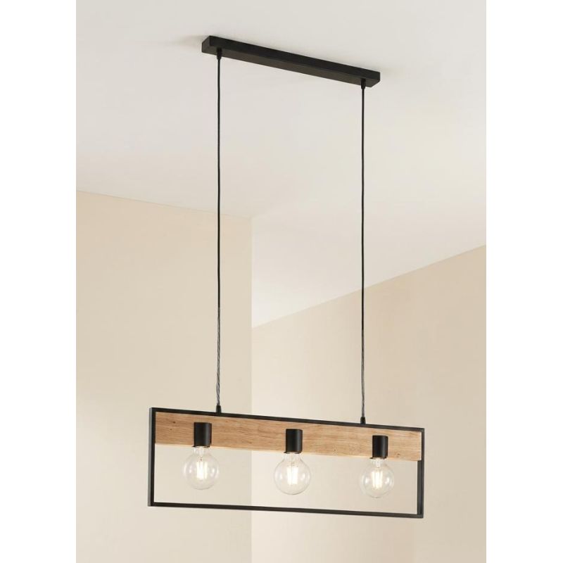 NEVADA SOSPENSIONE 3 LUCI IN METALLO NERO CON INSERTI IN LEGNO LAMPADINE ATTACCO E27 STILE VINTAGE